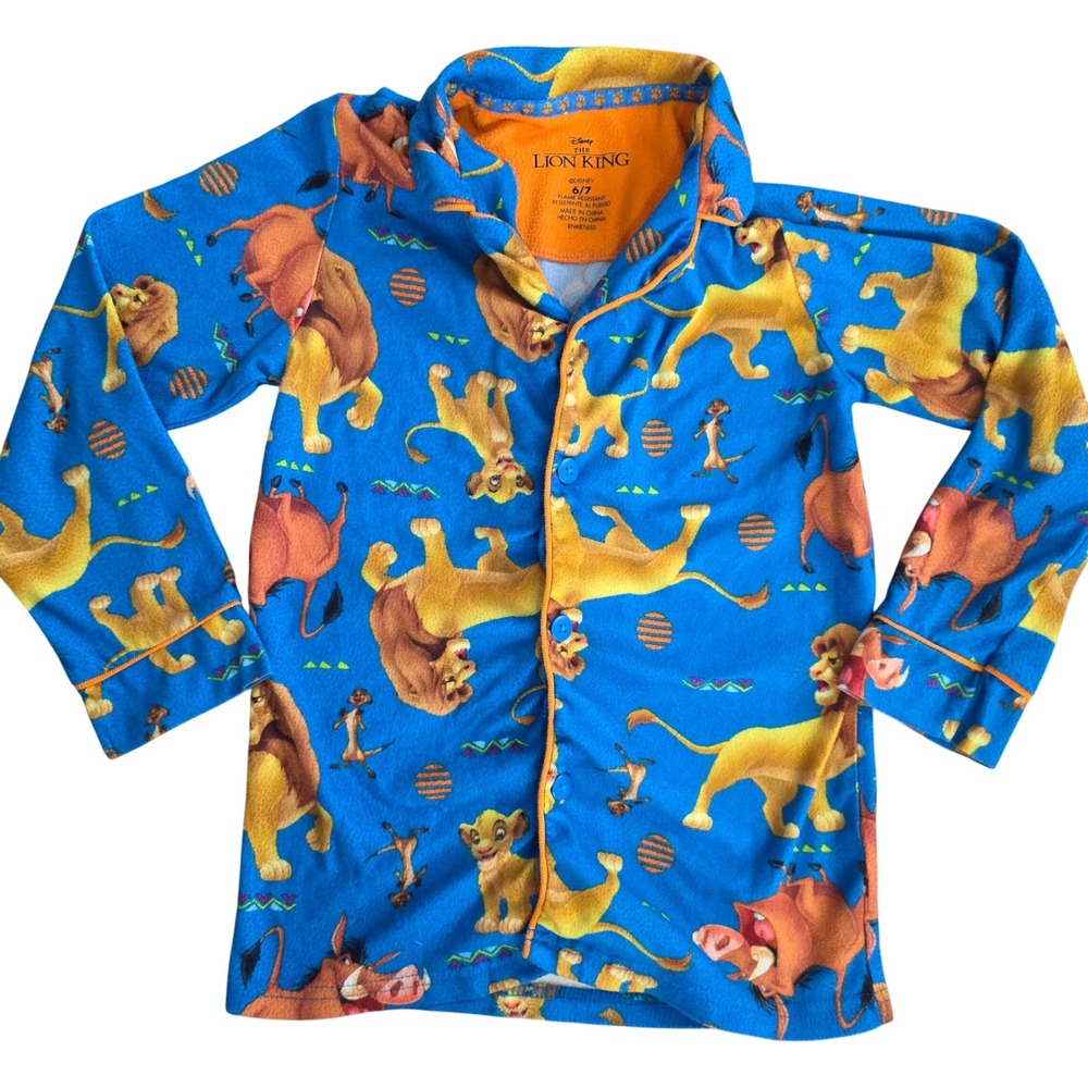 Disney The‎ Lion King Simba Pumbaa Timon Blue Fleece Pajama Shirt Kids Size 6/7